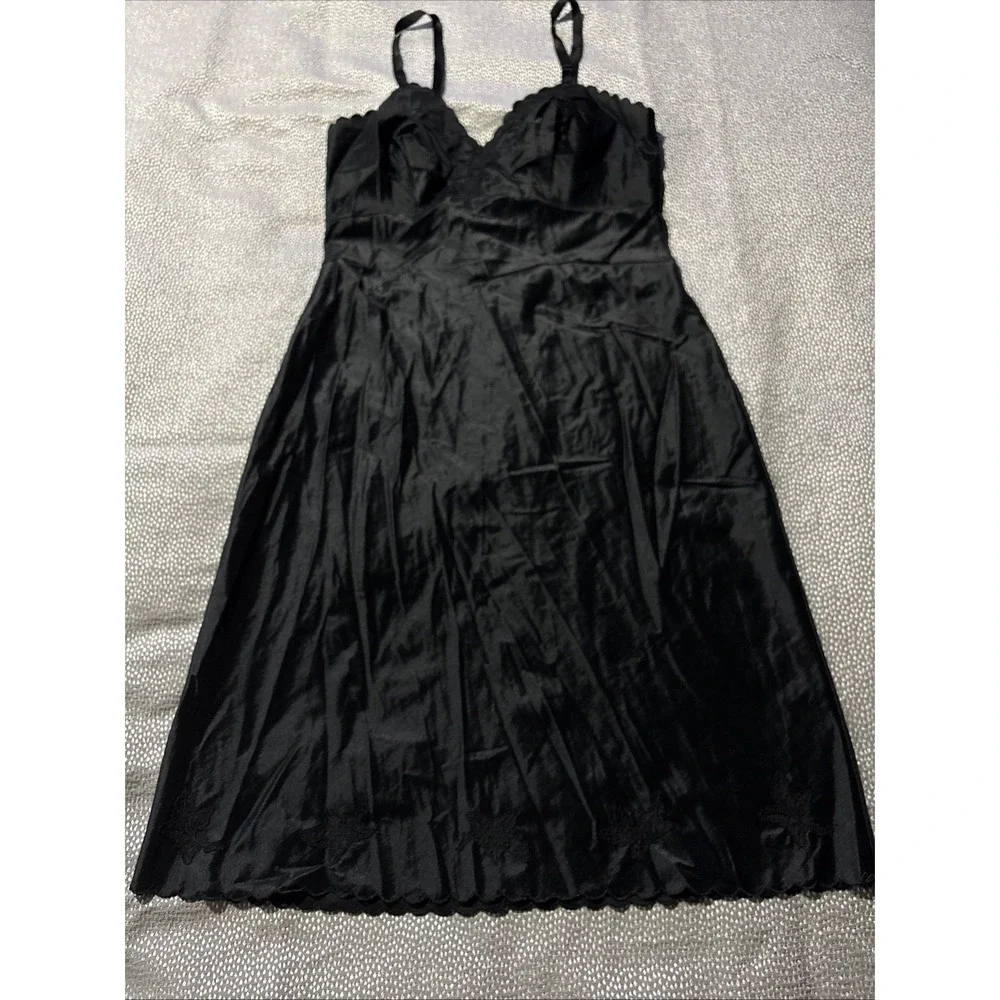 Vintage Shadowline Full Slip Dress Size 36 Black Nightie Sexy Nylon Peplum Trim